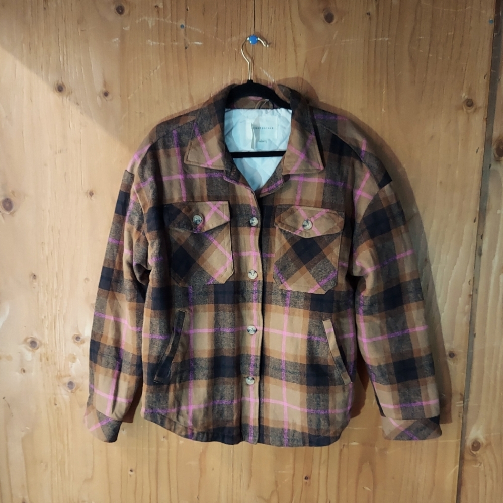 Aeropostle Brown & Pink Cotton Plaid Flannel Patterned Lined Button Up Shacket